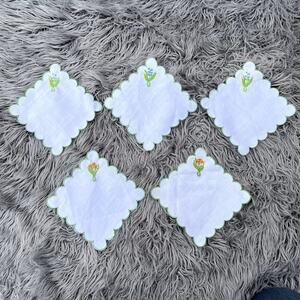 Lot of 5 Vintage LInens Cloth Coasters Doilies Scalloped Edge Floral Embroidery